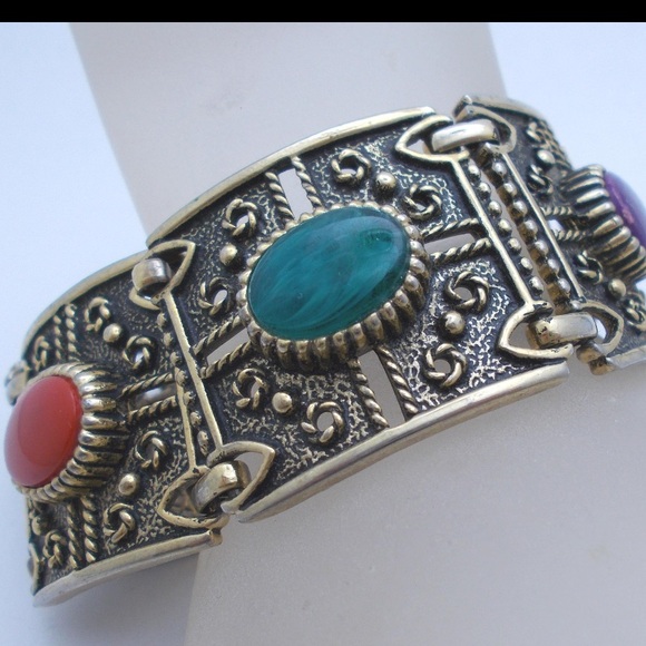 VINTAGE GRANADA 1970’s BAROQUE CHUNKY CABOCHON ANTIQUE GOLD  BRACELET - Picture 2 of 13